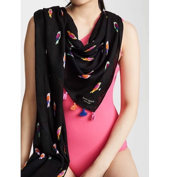 Kate Spade Black Multicolor Birds Scarf with Pompom Fringe Edge - Picture 3 of 13
